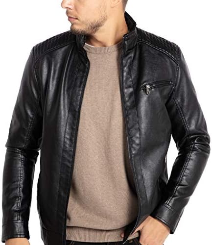 WULFUL Men's Stand Collar Leather Jacket Motorcycle Lightweight Faux Leather Outwear