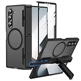 MAKAVO for Samsung Galaxy Z Fold 6 Case with S Pen Holder, Fit for MagSafe, Built-in Screen Protector, Hinge Cover & Stand, Translucent Matte Full Body Protection Phone Case, Black