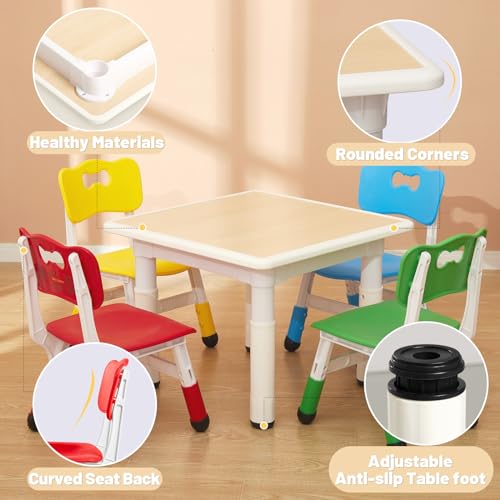 Image of FUNLIO Kids Table and 4 Chairs Set for Ages 3-8, Height Adjustable Toddler Table and Chair Set, Easy to Wipe Arts & Crafts Table, for Classrooms /Homes /Daycares, CPC & CE Approved(5 pcs set)-Multicolor