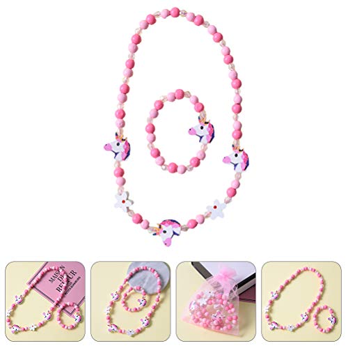 Image of LUOZZY Beaded Bracelet Wooden Unicorn Necklace Colorful Neck Jewelry for Women Girls 2 Pcs