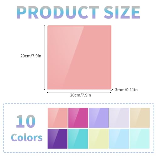 eupdd 10 Stück Farbig Acryl Kunststoffplatte: 20×20cm Acrylic Sheet, 3mm Dick Acrylglas Platte für DIY Projekte, Kunsthandwerk, Dekoration, Exhibition ProjectsSigns