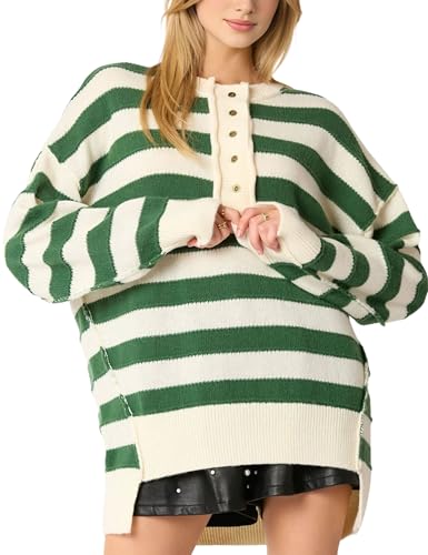 Womens Striped Pullover Sweater Casual Long Sleeve Button Down Crewneck Sweatshirt Oversized Knit Jumper Tops