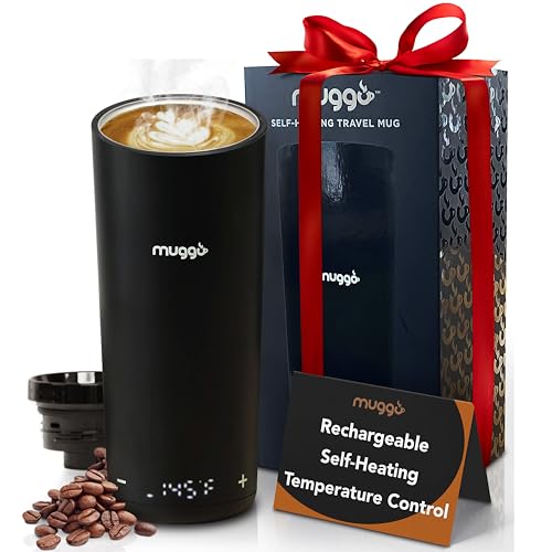 Muggo 2.0 Self-Heating Temperature Control Travel Mug - Black Portable Thermos Designed with 360-Degree Leak-Proof Lid, 3-Hour Battery Life & Touch-Sensitive Controls - 12 oz Capacity
