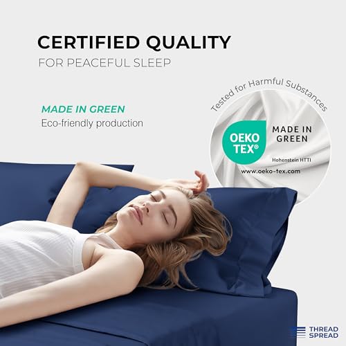 Image of THREAD SPREAD 100% Egyptian Cotton Sheets California King Size - 1200 Series Plush Collection Cal King Size Sheets Set, 4 PC Luxury Bedsheet (Navy Blue), Soft, Cooling, 17 inch Deep Pocket Bedsheet Set