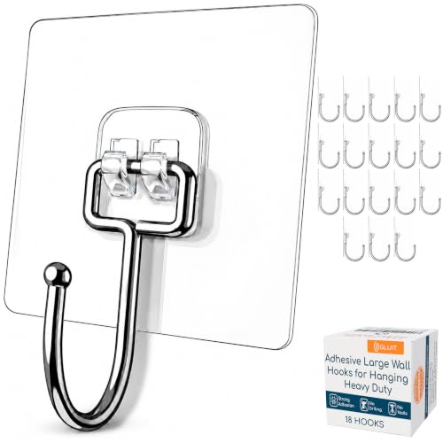 Image of GLUIT Adhesive Large Wall Hooks for Hanging Heavy Duty 22 lbs Hooks for Walls No Drill, Towel Sticky Clear Hooks, Waterproof, Home, Bathroom, Kitchen, Office, and Outdoor, 18 Pack