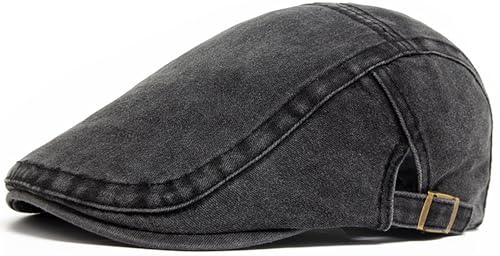 Image of Putcuku Denim Newsboy Hats for Men and Women Adjustable Cotton Ivy Gatsby Cap Vintage Cabbie Driving Hat Flat Cap (Black)