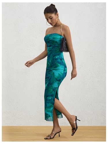 Milumia Women's Printed Strapless Tube Top Maxi Dress Slit Hem Sleeveless Bodycon Wedding Guest Party Long Dresses4