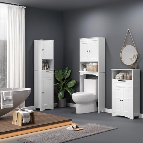 Bealife Toilettenregal, Regal über Toilette mit 3-stufigen verstellbaren Regalen, WC Überbauschrank Freistehend, 167x60x23cm Überbau Toilettenschrank mit Doppeltüren für Badezimmer – Weiß