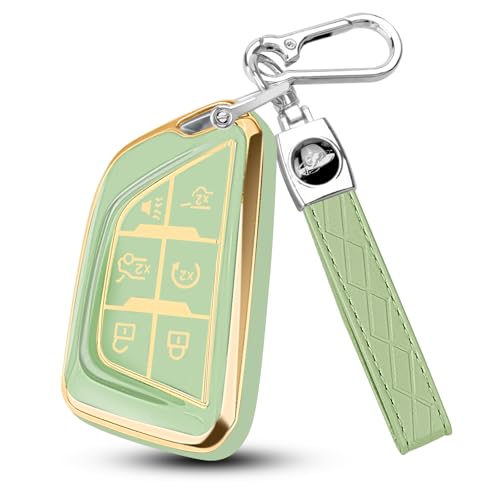 Image of QBUC for Cadillac Key Fob Cover with Leather Keychain (Gold Trim Green) | Soft TPU Protection Case Compatible with 2020-2026 Cadillac Escalade Lyriq Optiq 6-Buttons