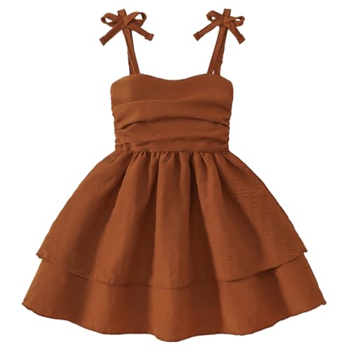 VQWQPO Toddler Girl Strap Dresses Flowy Tiered Ruched Smocked Back Casual Beach Sundress (Brown 3-4T)