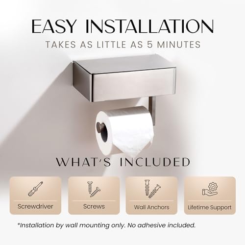Day Moon™ - Toilet Paper Holder with Shelf - Modern Roll Holder for Bathroom - 1 Pack - Wall Mount - with Storage, Brushed Nickel by Day Moon Designs - Image 5