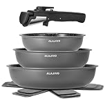 Non Stick Frying Pan Set for Induction Hobs, 7 Piece, Kitchen Cookware Set with Removable Handle, Healthy Granite NonStick Cookware