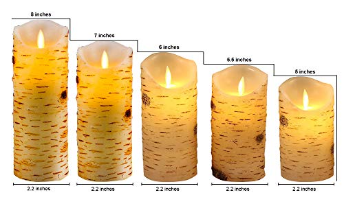 Flameless Candles Led Candles Birch Bark Wax Candles (D2.2“ x H5”6“7”8"9") with Timer and 10-Key Birch Bark Set of 5