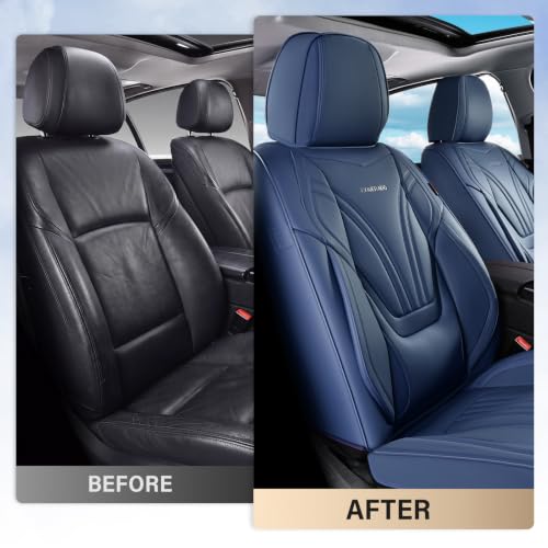 Image of Coverado Car Seat Covers Full Set, 5 Piece Car Seat Protector with Lumbar Support & Removable Headrest, Breathable Leather Front Rear Seat Cushion Universal Fit for Truck Automotive Blue