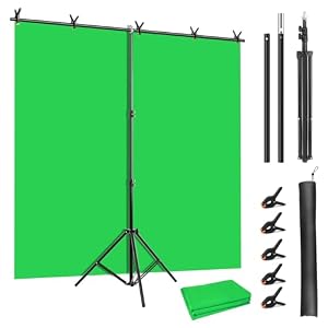 Green Screen Backdrop Kit, 5 x 6.5 ft Portable Green Screen with T-Shaped Stand, Carrying Bag, 5 Clamps, Photography Greenscreen Background Kit for Streaming, Gaming, Zoom