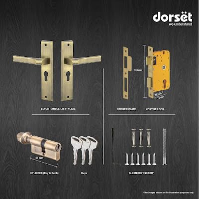 Image of Dorset Texa Mortise Lock - 60 mm Key and Knob Cylinder, 8 Inch Handle Lockset for Bedroom /Main Doors, Antique Finish, 3 Keys - HLTEXAPT