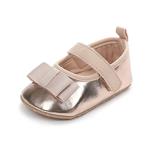 Baby Girls Mary Jane Flats Bow Decor Anti-Slip Soft Sole Toddler First Walkers Princess Dress Shoes, Golden 6-12 Months