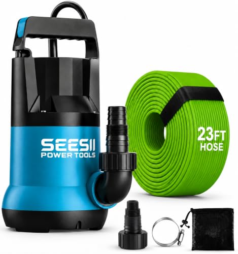 SEESII 1HP Submersible Water Pump, 4755 GPH High Flow w/ 23ft Hose | Anti-Clogging Filter Bag, Sump Pump for Swimming Pool, Hot Tub, Pond, Flooded Basement, Rooftop, Garden Water Removal