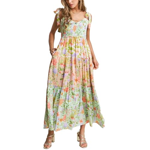 Women Boho Floral Sun Dress Tie Strap Sleeveless V Neck Patchwork Smocked Long Flowy Maxi Dress with Pockets
