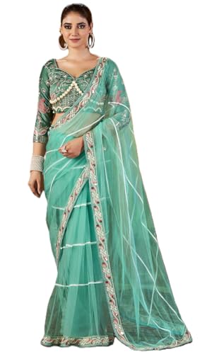 Image of Pandadi Saree Women's Net Embroidery Work Saree With Unstitched Blouse Piece