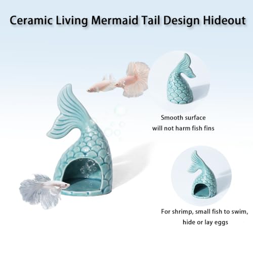 Image of Blue Aquarium Decor Ceramic Mermaid Tail Betta Fish Tank Cave