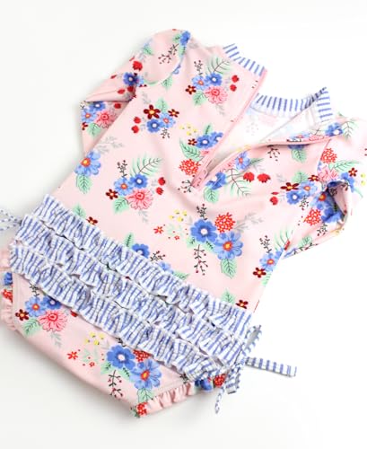 Image of RuffleButts Baby Girls UPF 50+ Sun Protection Floral Printed Long Sleeve One Piece Rash Guard Swimsuit with Zipper