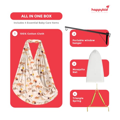 Image of Happykid Baby Cradle Set | Durable Cotton Cloth, Mosquito Net, Spring, Triangle and Window Hanger (Orange, Without Bed)