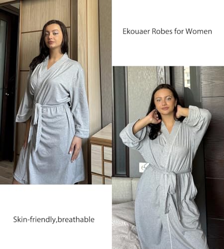 Image of Ekouaer Women Kimono Robes Knee Length Knit Bathrobe Lightweight Soft Sleepwear V-neck Casual Ladies Loungewear
