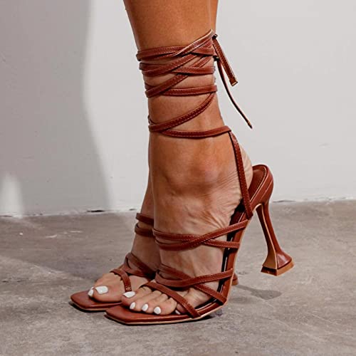 Cape Robbin Jenni Lace-Up Light Strappy Stiletto Flare Heel Open Toe Sandal Nude2