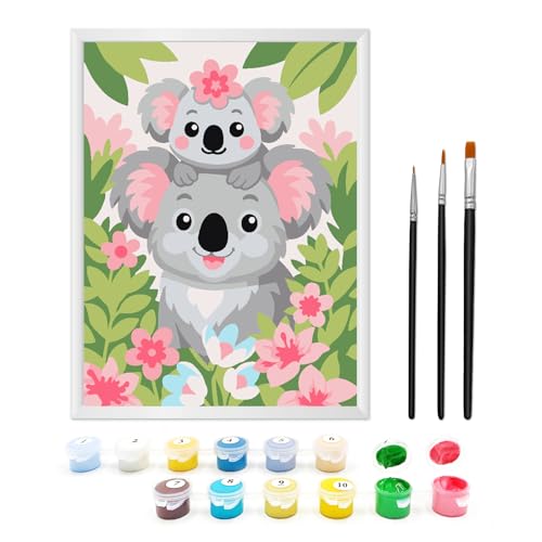 Zimrobin Malen Nach Zahlen ab 5 6 7 Jahre Mädchen und Junge Malen Nach Zahlen für Kinder mit Rahmen 3 Pinsel und Acrylfarben 18 X 24cm(Koala mit Jungem im Blumenbeet)
