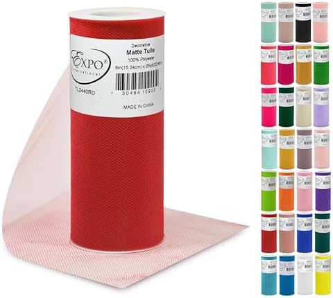 Expo International Decorative Matte Tulle, Lightweight Polyester Tulle Fabric for Tutus, Costumes, and Party Decorations, Washable, Easy-to-Use, 6 Inch x 25 Yards, Red, Pack of 1
