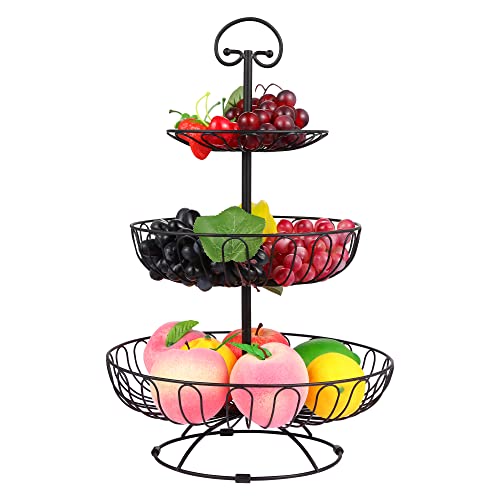 3-Tier-Fruchtkorb für Küchenzähler Metalldraht Dreischichtige Fruchtständer-Obst-Gemüse-Schüssel für Küchentheke-Arbeitsplatte Dreistufige Fruchthalter-Organizer für Produktion, Gemüse Schwarz Cover