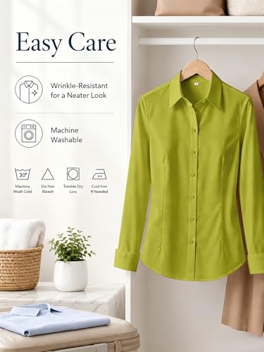BBIBBI Button Up Shirt Women Blouses for & Button-Down Shirts Office Down Womens Long Sleeve Blouse Wrinkle Free Tops Mustard Green Size M — view 6