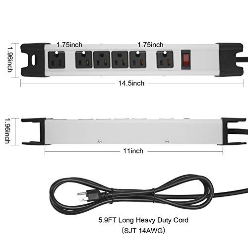 Heavy Duty Surge Protector, 6 Outlet Industrial Power Strip With 15A, Shop Workshop Garden Metal Power Strip With 6Ft Cord 1200 Joules Etl Listed. #TOP2