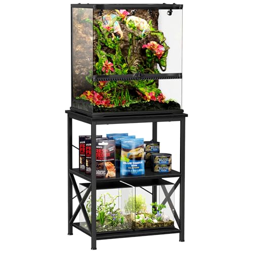 Snughome Reptile Tank Stand 24 x 18 Terrarium Stand with 3-Tier Open Storage Shelves Reptile Enclosure Stand Heavy Duty Vivarium Table for Gecko Lizard Bearded Dragon Black