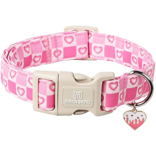 Maca Bates Valentine Day Dog Collar Plaid Pink Sweet Heart Love You Valentines Dogs Collars Buffalo Checker Durable Soft Adjustable Collor Valentine's Gift for Small Medium Large Girl Boy Puppy Pet -  M MACA BATES