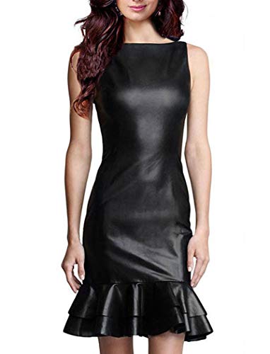 Kufv Women's Pu Leather Sleeveless Ruffles Pleated Bodycon Pencil Party Bandage Dress #TOP1