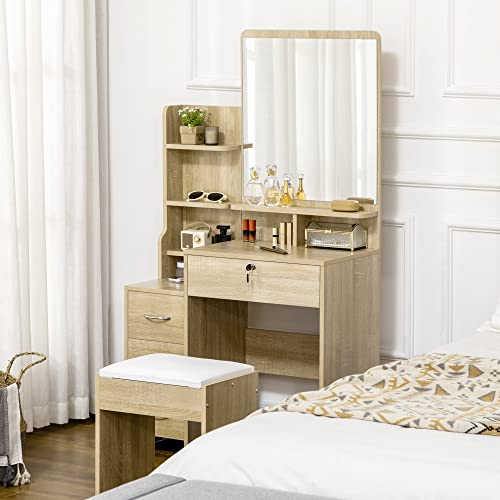 HOMCOM Tocador de Maquillaje con Taburete, Tocador con Espejo, 4 Cajones, Estantes, Compartimentos Abiertos, Estilo Moderno, para Dormitorio, Vestidor, 80x38x143 cm, Natural