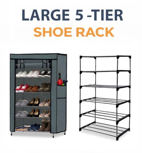Image of Metal Shoe Stand with Cover, 5 Tier Shoe Organizer for Home & Office - Grey