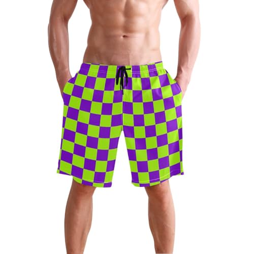 Green and Purple Buffalo Checkered Mens Swim Trunks Quick Dry Beach Shorts with Pocket S