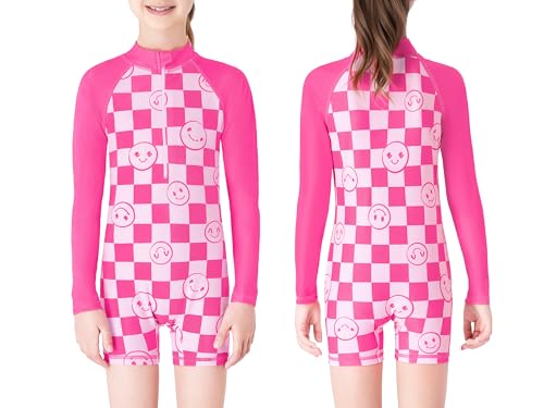 Girls Long Sleeve Rash Guard One Piece Swimsuit - Mermaid Checker Face Zipper Front Toddler Bathing Suit 2T-102