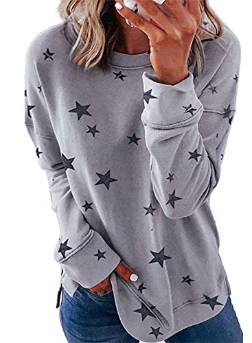 Biucly Womens Casual Fashion Crewneck Sweatshirt Loose Star Printed Long Sleeve Tee Shirts Lightweight Soft Oversized Sweatshirts Pullover Tops Shirt,Us 12-14(L),Grey #TOP5