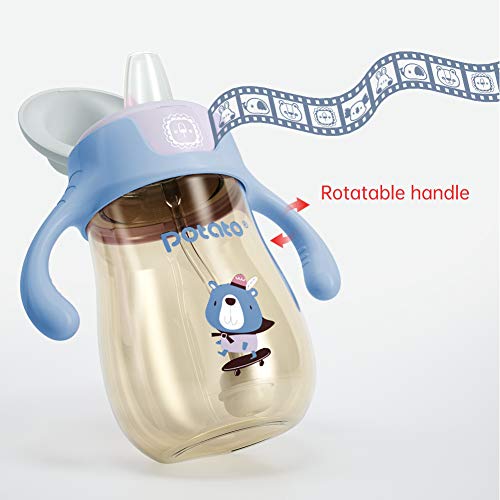 Potato Sippy Cups For Toddlers With Straw Spill Proof, Ppsu Learner Cup With Handle For Boy, Water Bottle For Baby 6 Months With 2 Type Of Spout, 10 Ounce Blue #TOP3