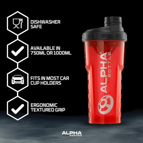 Alpha Designs Protein Shaker Bottle 750ml - 0.75L Heavy Duty Gym Bottle for Protein Shakes - Leakproof Screw Cap - Red - Image 3