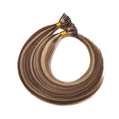 Nano Loop Hair Extensions Nano Beads 100% Human Hair I Tip Hair Extensions Remy Hair Nano Link Pre Bonded Hair Cold Fusion Long Straight Hair Extension 16inch 50g/PACK 50 Strands #4P27