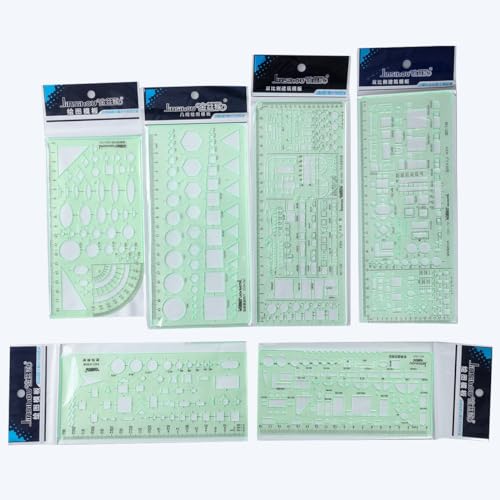 DOULEIN Technisches Zeichenschablone, 6 Stück Geometrische Zeichenlineale Architektur Geometrie Schablone Kunststoff Zeichenschablonenlineal für Büro und Schule, Gebäude,Zeichnung
