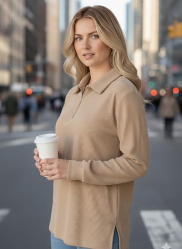 Image of Mack Jonney Women's Ribbed Zip Polo T-Shirt | Full Sleeve Collared Top | Camel Beige Casual Sweatshirt | Regular Fit-M7403