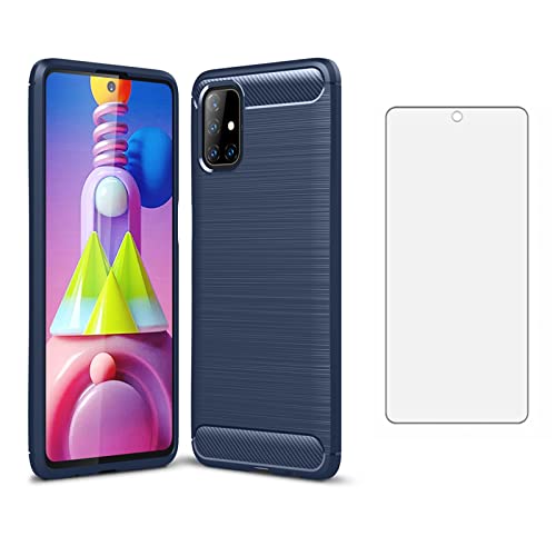 Asuwish Phone Case for Samsung Galaxy M51 and Tempered Glass Screen Protector with Cell Accessories Shockproof Soft Slim Silicone Thin TPU Carbon Fiber Gaxaly 51M Women Men Blue