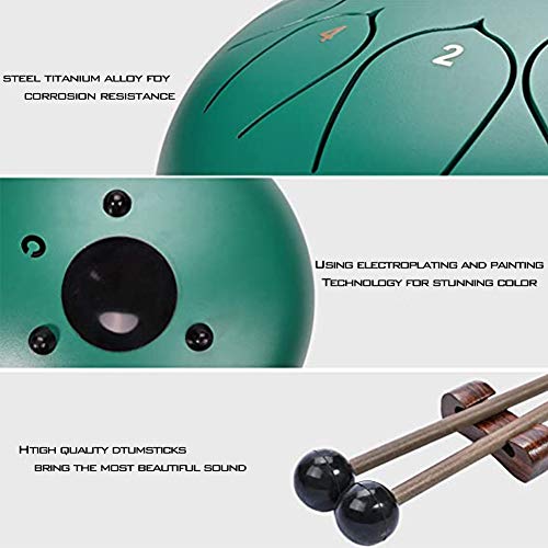 TOSFOGO 13 Notes 12 Inches Steel Tongue Drum Percussion Instrument Hand Pan Drum with Travel Bag, Music Book, Mallets(Green) - Thumbnail 6