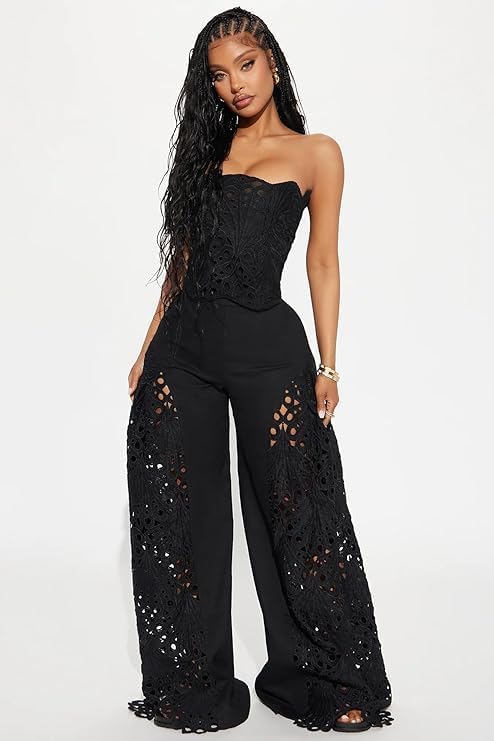Mandonce 2 Piece Sets for Women Off Shoulder Lace Tube Top and Lace Flowy Wide Leg Pants Beach Vacation Sexy Outfit Going Out - Image 3